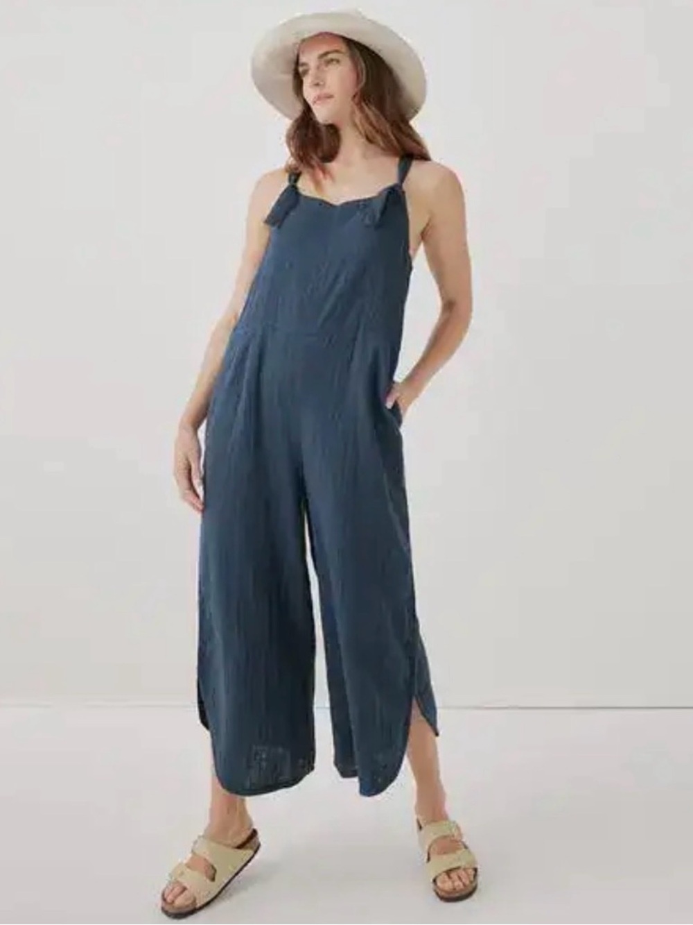 Pact Navy Wide-Leg Tie-Shoulder Jumpsuit